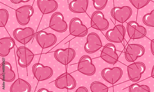Love candy. Seamless pattern with pink heart shaped lollipop. Background for Valentine’s Day and romantic holidays. Seamless pattern with hearts and lollipops. Print by February 14th. Candy design