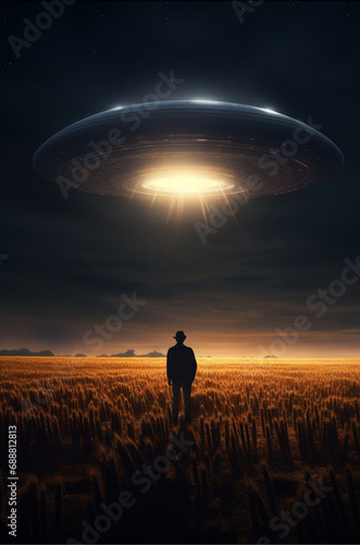 a silhouette of a man standing in the middle of a wheat field. Above him is an alien ship similar to a giant egg. It is highly sophisticated and futuristic. Science fiction. Super detailed. Photoreali