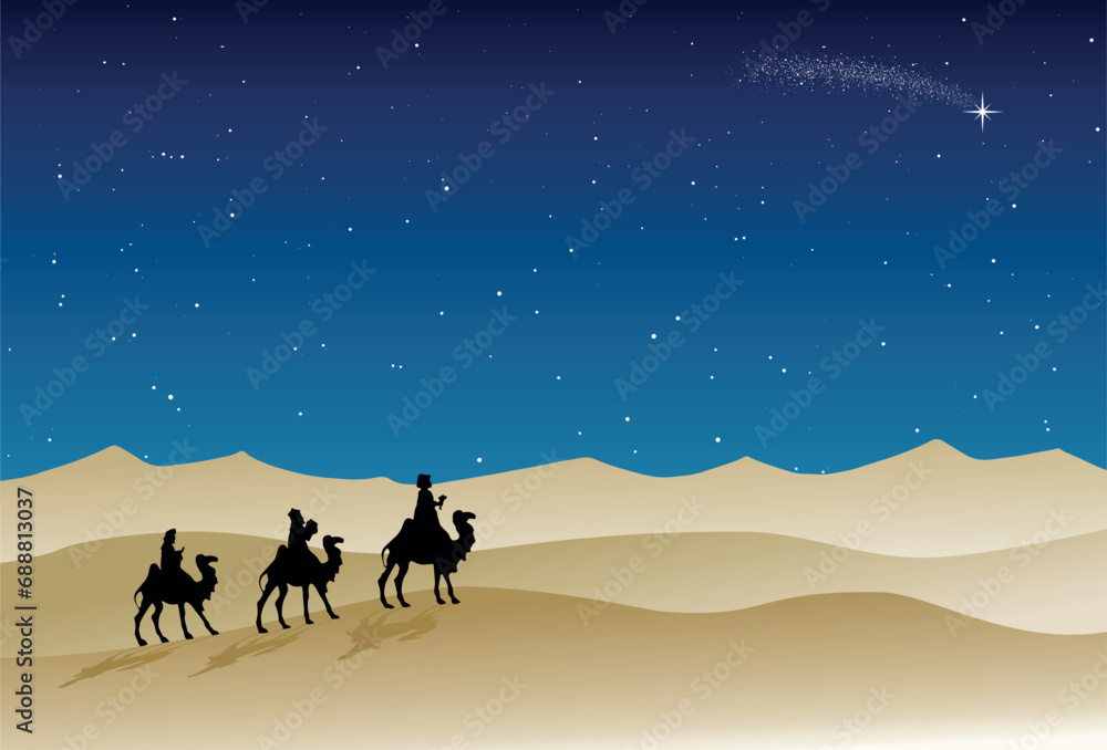 Christmas Nativity Scene - Three Wise Men travel in the desert Christmas Nativity Scene - Three Wise Men travel in the desert