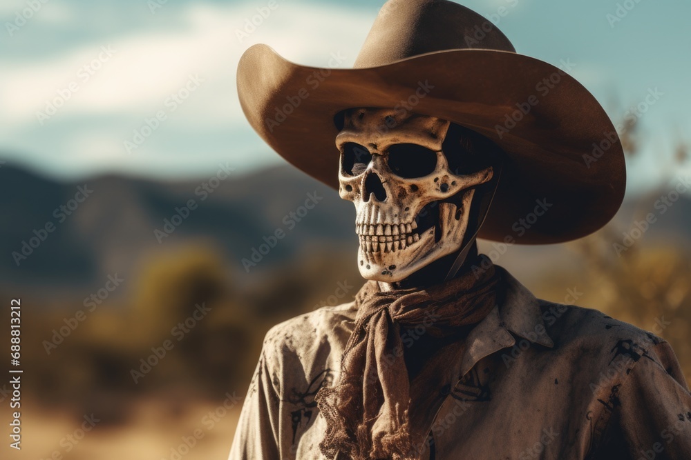 A skeleton dressed in a cowboy hat and scarf. This image can be used for Halloween-themed designs or to add a touch of Western flair to projects - obrazy, fototapety, plakaty 