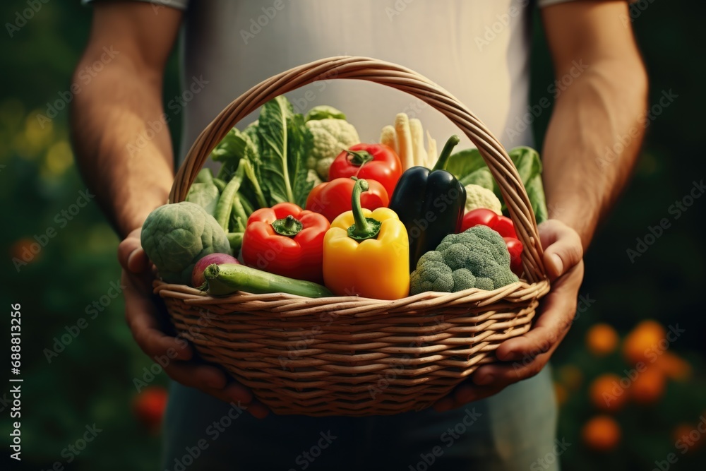 Fototapeta premium A man is seen holding a basket filled with fresh and vibrant vegetables. This image can be used to showcase healthy eating, farm-fresh produce, sustainable agriculture, or a farmer's market scene