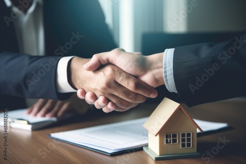 Two people shaking hands over a desk. Suitable for business and corporate themes