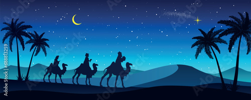 Christmas Nativity Scene - Three Wise Men travel in the desert
