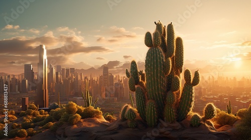 A solitary cactus in the desert, its spines transforming into the bristling skyline of a modern metropolis at sunset. photo
