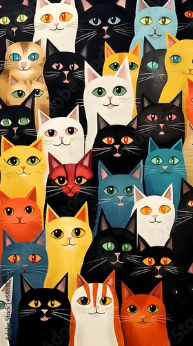 Colorful cats looking ahead, presenting a playful and vibrant scene.