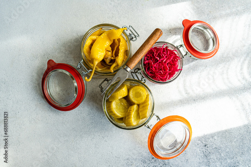 Varied Fermented Vegetables in Sealed Glass Jars photo