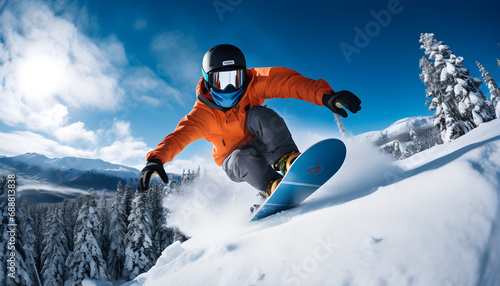 A snowboarder is going down a hill in the open terrain of the rocky mountains on a sunny day. Snowboarding. Extreme winter sports concept.