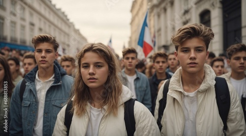 young, french people demonstrating on a protest demonstration in the streets of a big city. Generative AI.