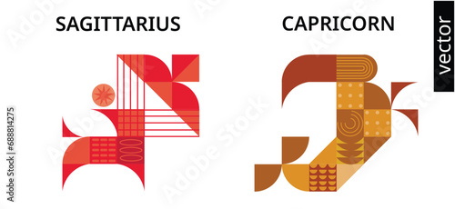sagittarius capricorn zodiac signs set shape design red yellow ornament figures modern astrology poster calendar print vector