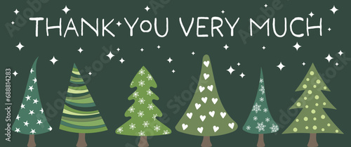 Thank you very much - Schriftzug in englischer Sprache - Vielen Dank. Dankeskarte mit Tannenbäumen.