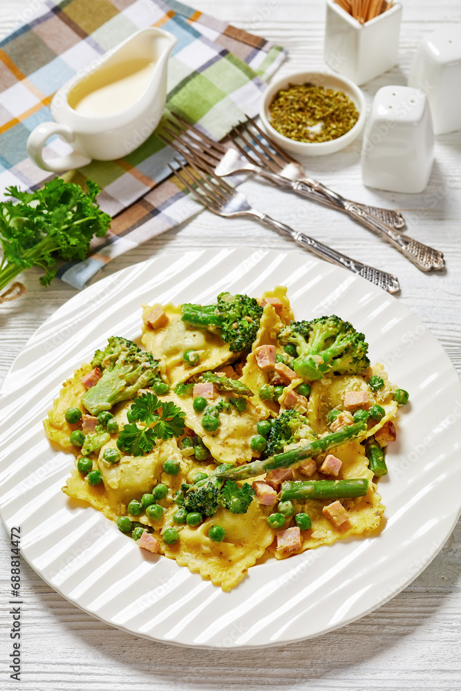 ravioli primavera with ham on a white plate ravioli primavera with ham on a white plate