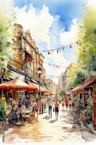 Watercolor of the Camden Market in London, white background. AI generate illustration photo