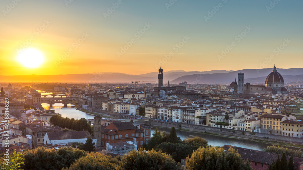 Florence, Italy - July 15, 2023: Aerial view of Florence in Tuscany at sunset, Italy