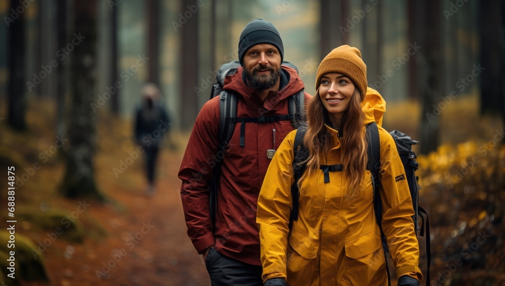 Couple in hiking outfits in autumn forest 