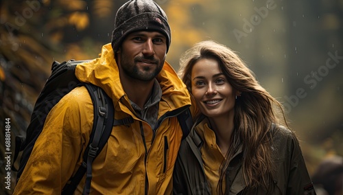 young couple hiking in a mountain forest in autumn, together