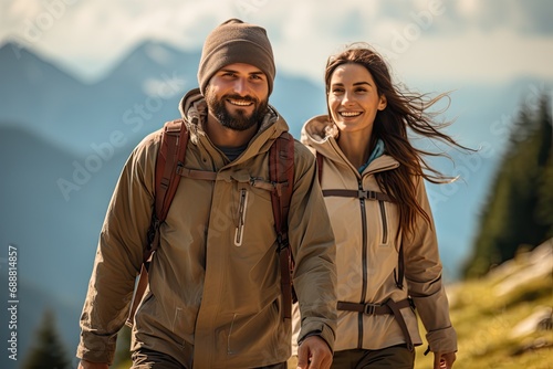 young couple in hiking outfit walking on the mountains