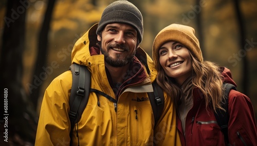 Couple in hiking outfits in autumn forest 