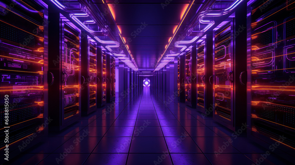 illustration of a modern high technology server room in purple neon colors