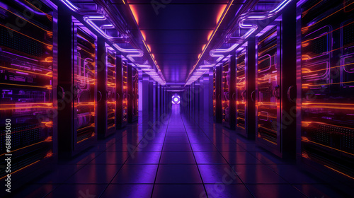 illustration of a modern high technology server room in purple neon colors