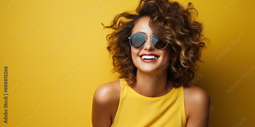 woman wearing glasses and sun glasses smiling against yellow background