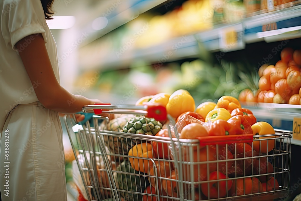 woman with shopping cart filling food item into shopping cart