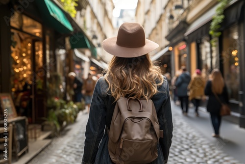 woman wearing a hat and a backpack walking down small street