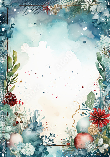 A frame with a place for text. Craft textures inspired by featuring whimsical watercolor illustrations of Christmas snowmen, snowflakes, lights, presents, and ornament. AI generative