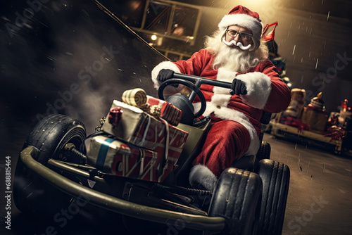 Fantasy art - Santa Claus driving a racecar, sports car, speedster.  Father Christmas, Saint Nicholas, Saint Nick, Kris Kringle having fun, adventure, thrill, speed.