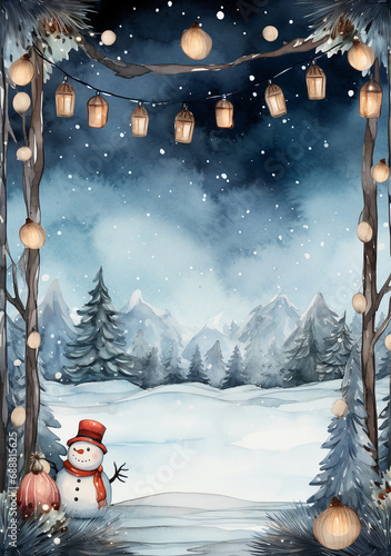 A frame with a place for text. Craft textures inspired by featuring whimsical watercolor illustrations of Christmas snowmen, snowflakes, lights, presents, and ornament. AI generative