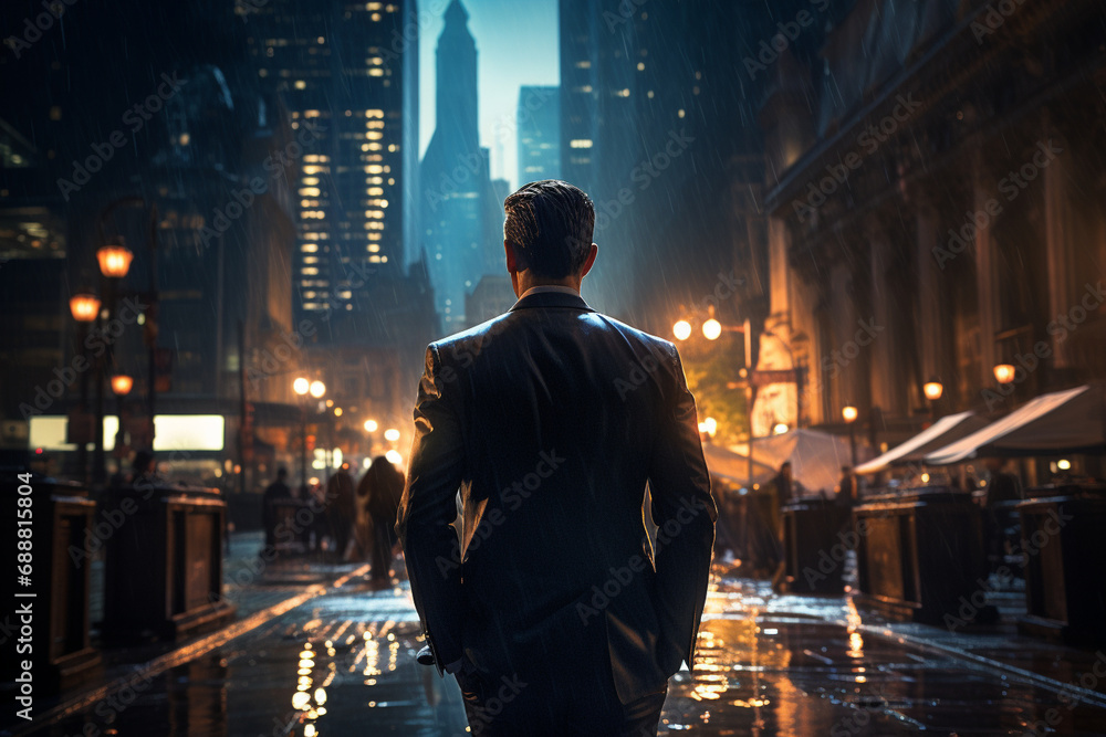 businessman in a sharp suit walking confidently through a dimly lit Wall Street, the heart of the city's financial district