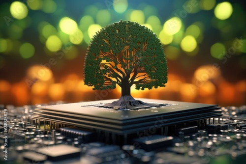 A model of a tree placed on top of a circuit board. Can be used to represent the fusion of nature and technology photo