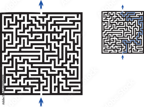 Vector rectangular labyrinth with entry and exit. Difficulty level - medium. Maze inside cave flat view from top. Children logic game for brain training isolated on white background