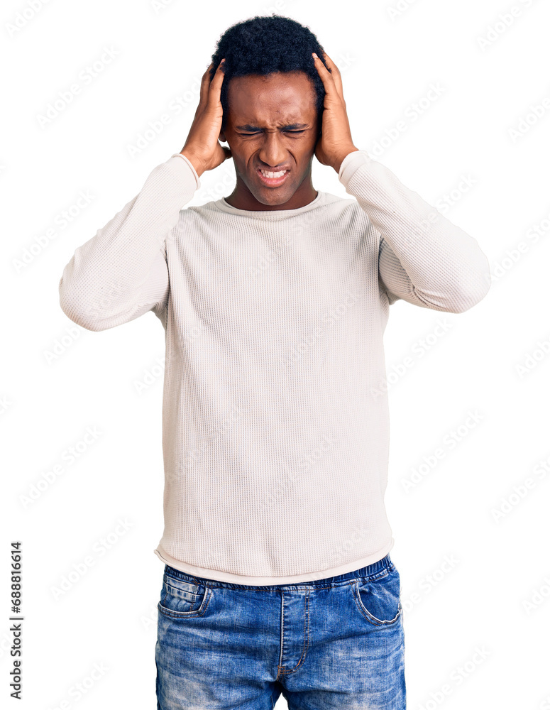 African handsome man wearing casual winter sweater suffering from headache desperate and stressed because pain and migraine. hands on head. African handsome man wearing casual winter sweater suffering from headache desperate and stressed because pain and migraine. hands on head.