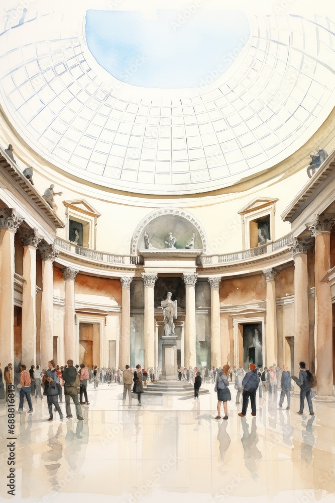 Watercolor of the British Museum in London, white background. AI generate illustration