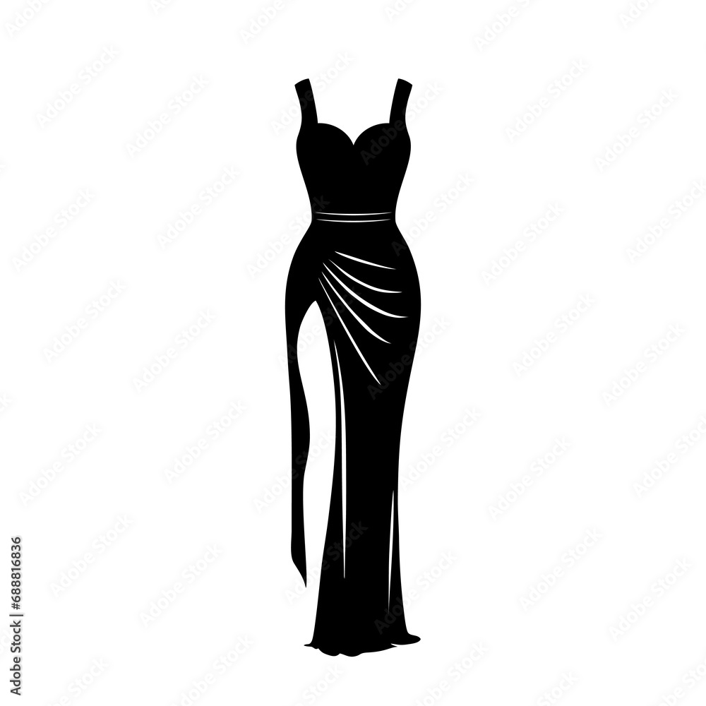 Evening cocktail black dress. Woman clothing. Silhouette apparel. Long maxi, full and floor length dress icon. Vector illustration Evening cocktail black dress. Woman clothing. Silhouette apparel. Long maxi, full and floor length dress icon. Vector illustration