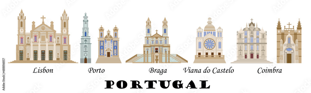 Horizontal panorama of the architectural sights of Portuguese cities. Set of the main churches of the Portuguese cities of Lisbon, Porto, Coimbra and Braga. For the design of souvenirs and banners.