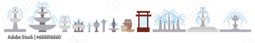 Set of icons of stone fountains street decoration architecture vector illustration isolated on a white background