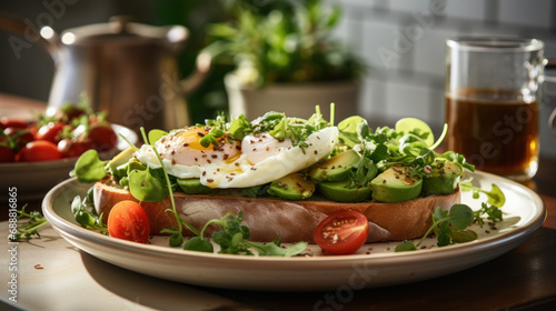 Healthy avocado toast with poached egg. Concept of nutritious eating.