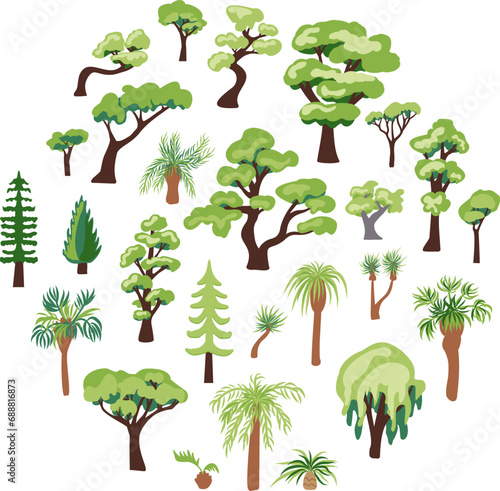 The variety of trees is isolated on a white background. Side view green painting, set of graphic tree elements outline symbol for architecture and landscape design drawing.