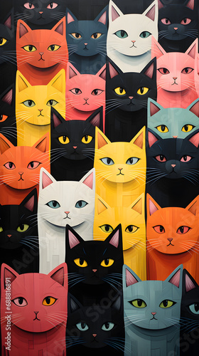 Colorful cats looking ahead, presenting a playful and vibrant scene.