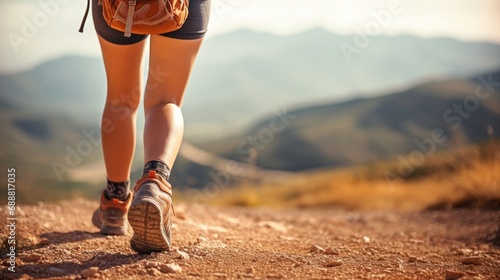 Hiking in the mountains. Female legs with sports shoes and backpack running on a trail mountain