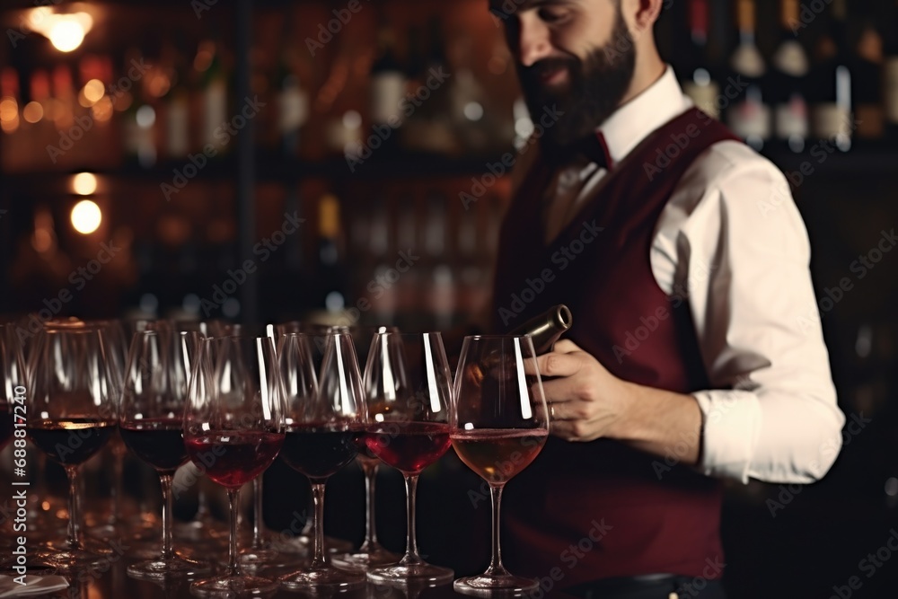 A man standing in front of a row of wine glasses. Perfect for wine tasting events or wine-related articles