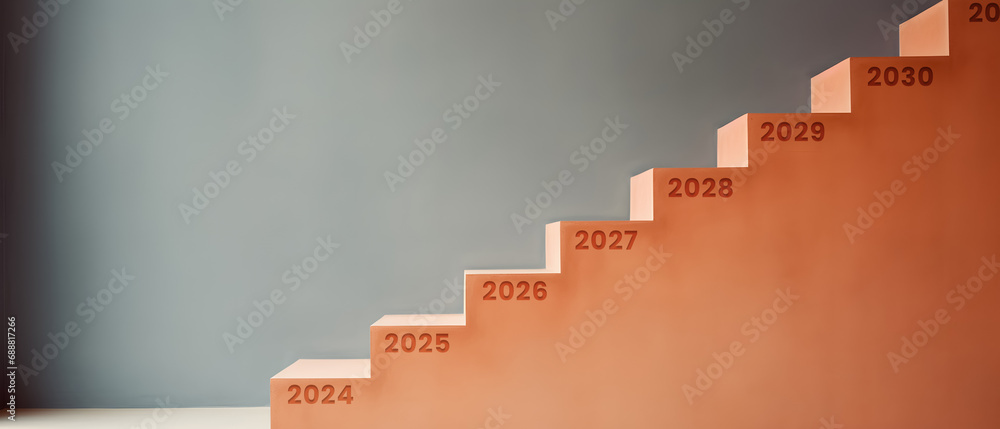 stairs with a new number on each step representing the new year 2024, 2025, 2026, 2027, 2028, 2029, 2030 - obrazy, fototapety, plakaty 
