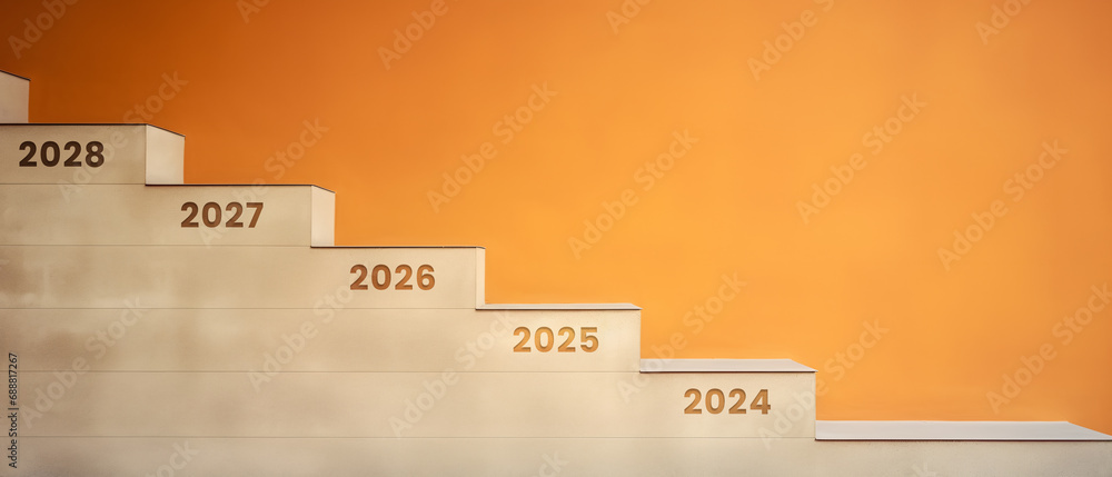 stairs with a new number on each step representing the new year 2024, 2025, 2026, 2027, 2028 - obrazy, fototapety, plakaty 