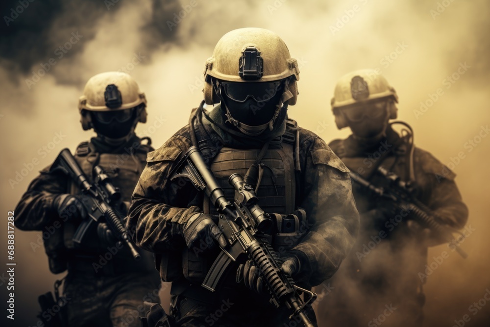 A group of soldiers walking through a cloud of smoke. This image can be used to depict the intensity and bravery of military operations
