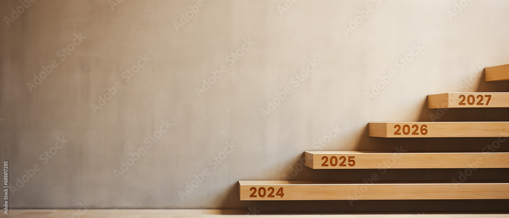 stairs with a new number on each step representing the new year 2024, 2025, 2026, 2027 - obrazy, fototapety, plakaty 