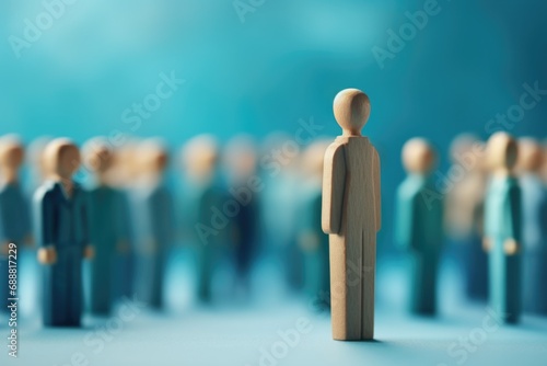 A group of wooden people standing in front of a blue background. Suitable for various conceptual and abstract designs