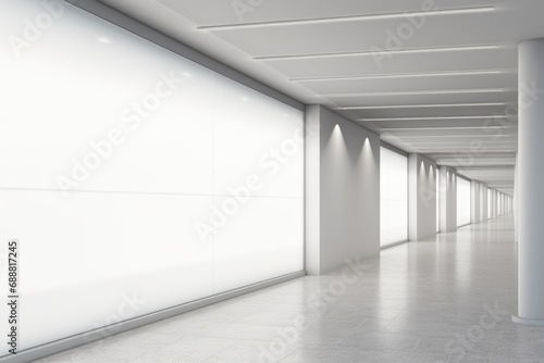A long hallway with white walls and windows. Suitable for architectural designs and interior concepts