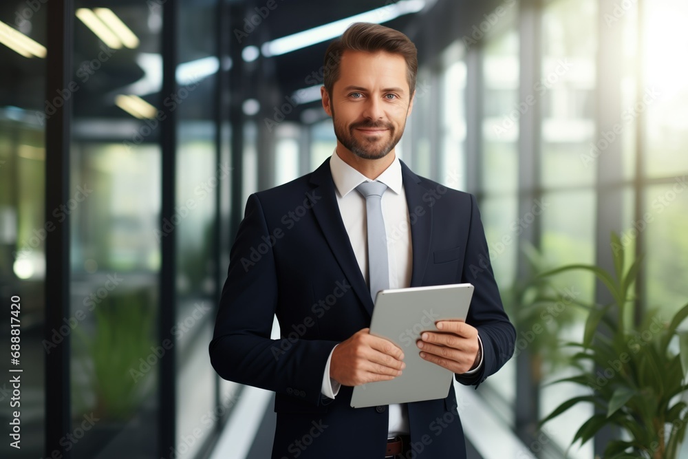 Confident businessman in a suit holding a tablet in an office. Generative AI. Confident businessman in a suit holding a tablet in an office. Generative AI.