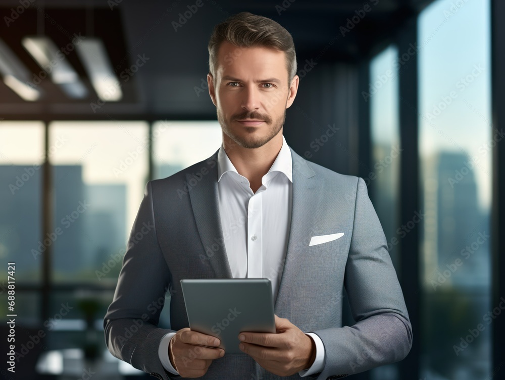 Fototapeta premium Confident businessman in a suit holding a tablet in an office. Generative AI.
